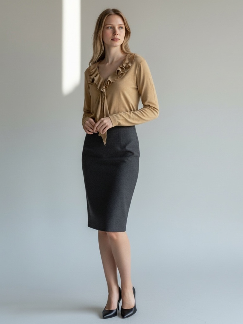 Jones New York Camel Ruffle-Trim Tie Front Top